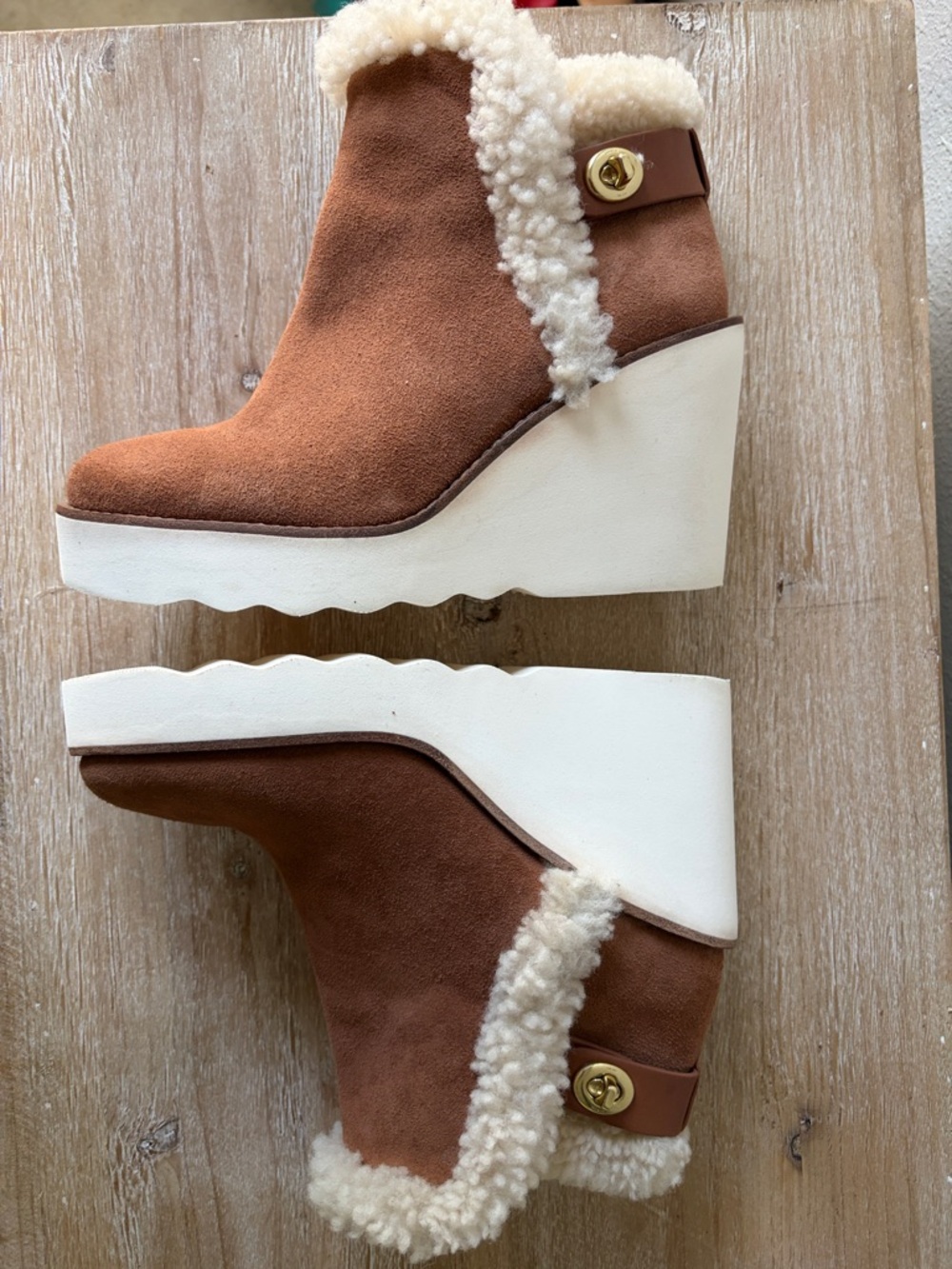 COACH Kingston Tan Suede Wedge Boot with Shearling Trim - Picture 9 of 13